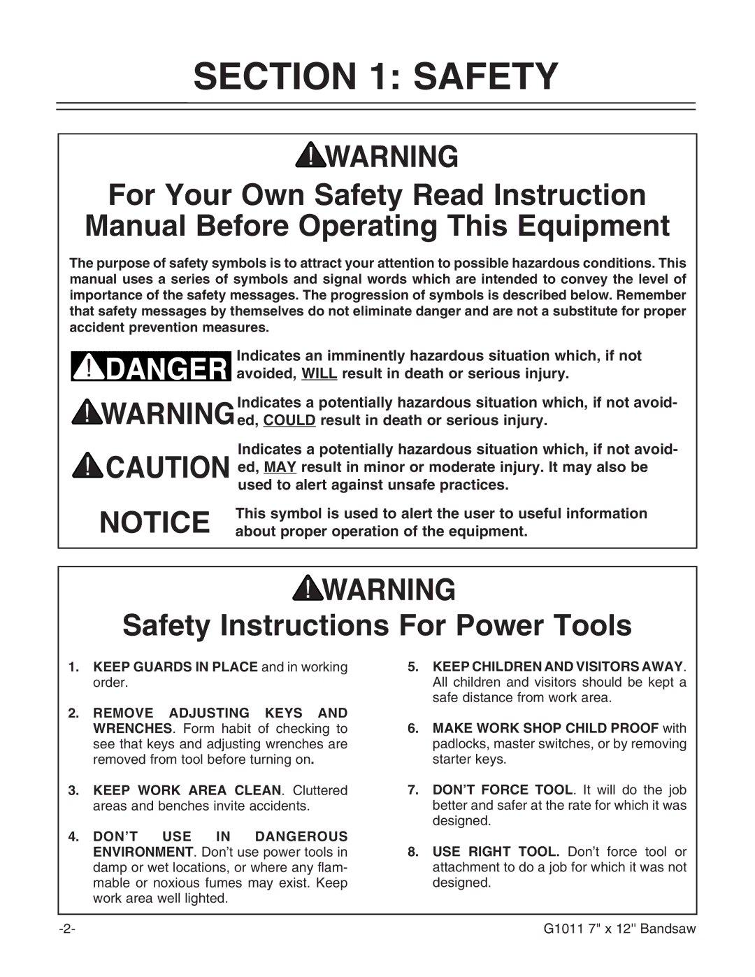 Grizzly G1011Z instruction manual Safety Instructions For Power Tools 