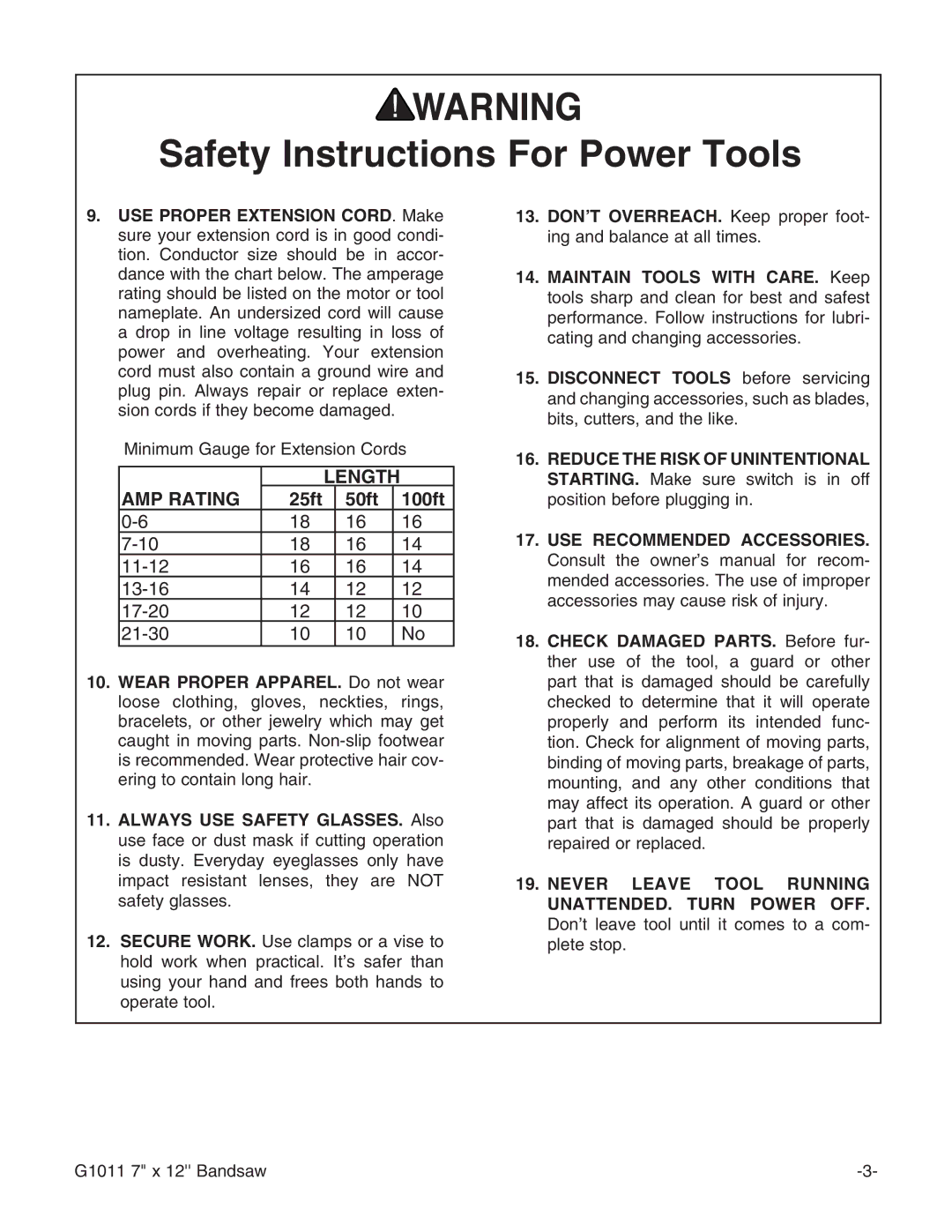 Grizzly G1011Z instruction manual Length AMP Rating 