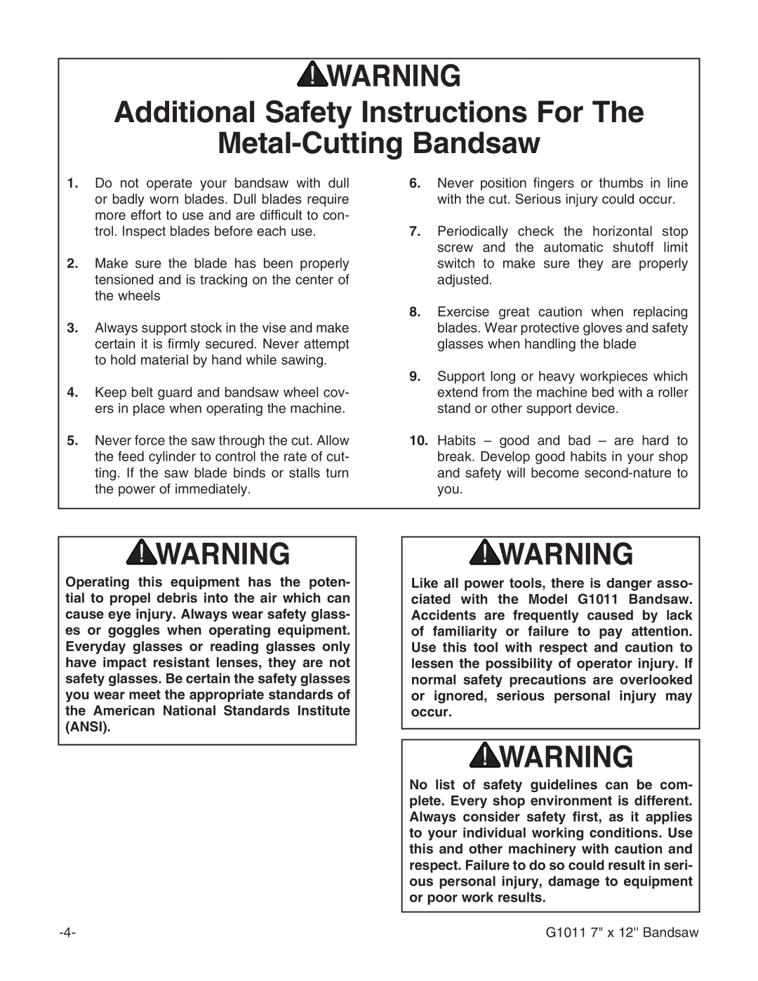 Grizzly G1011Z instruction manual Additional Safety Instructions For Metal-Cutting Bandsaw 