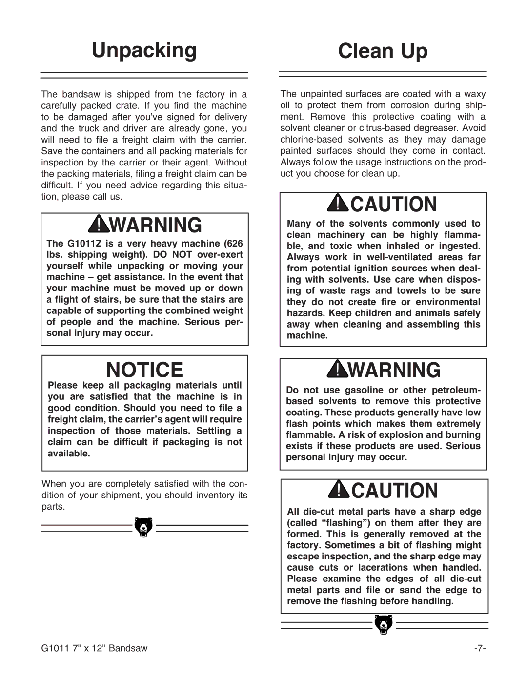 Grizzly G1011Z instruction manual Unpacking Clean Up 