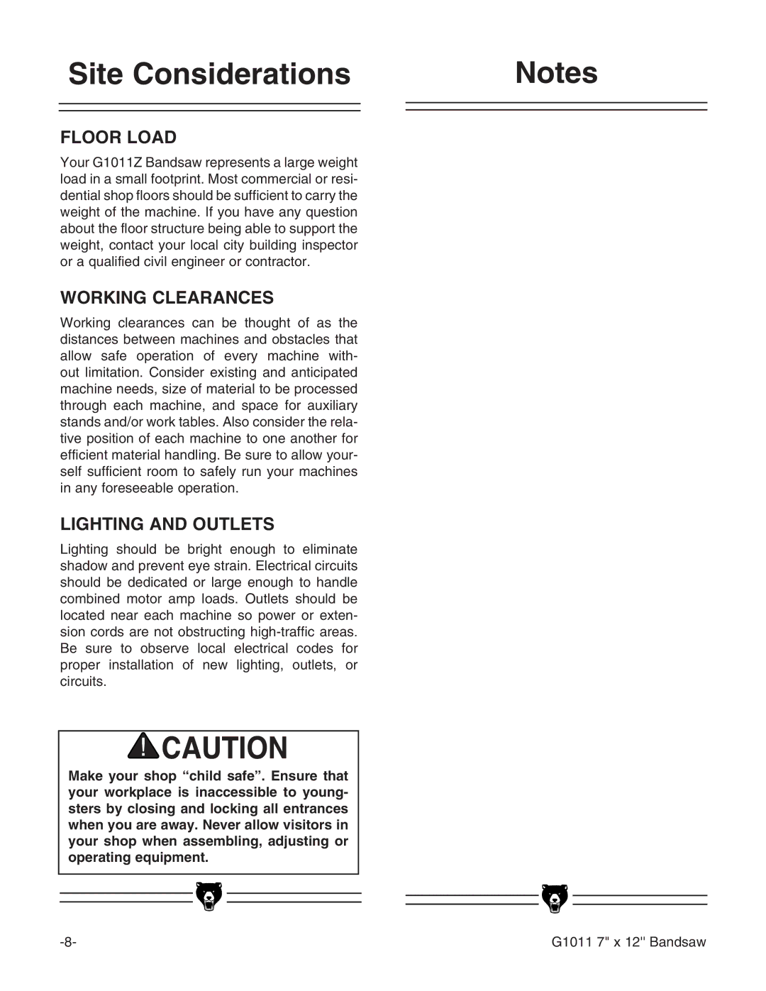 Grizzly G1011Z instruction manual Site Considerations, Floor Load 