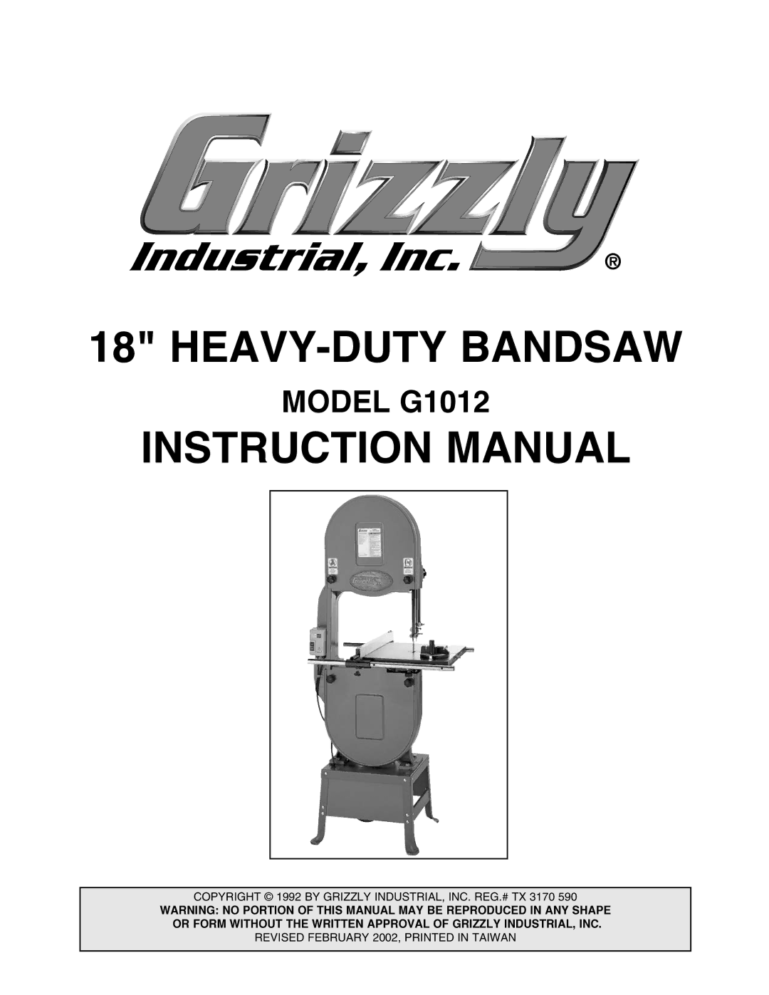 Grizzly G1012 instruction manual HEAVY-DUTY Bandsaw 