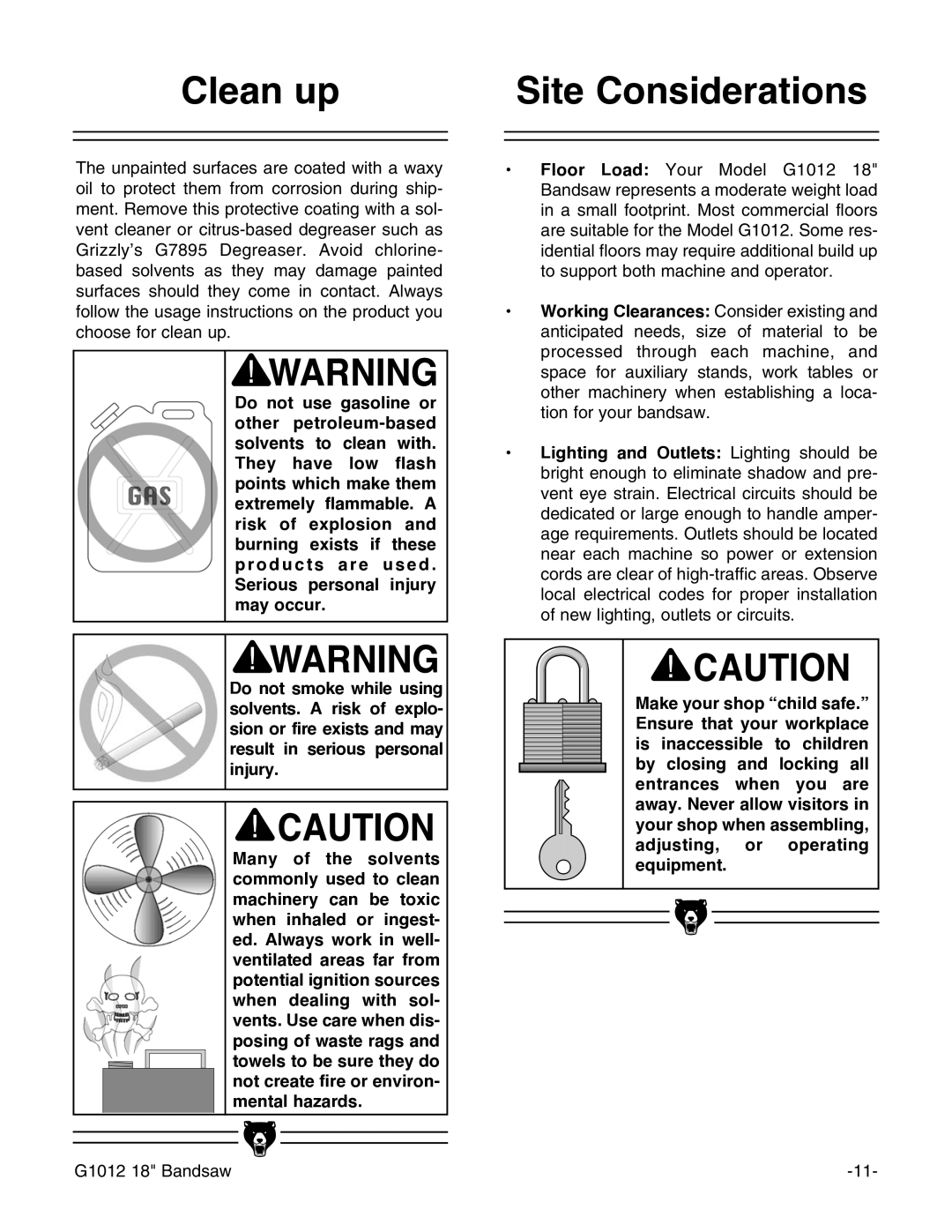 Grizzly G1012 instruction manual Clean up, Site Considerations 