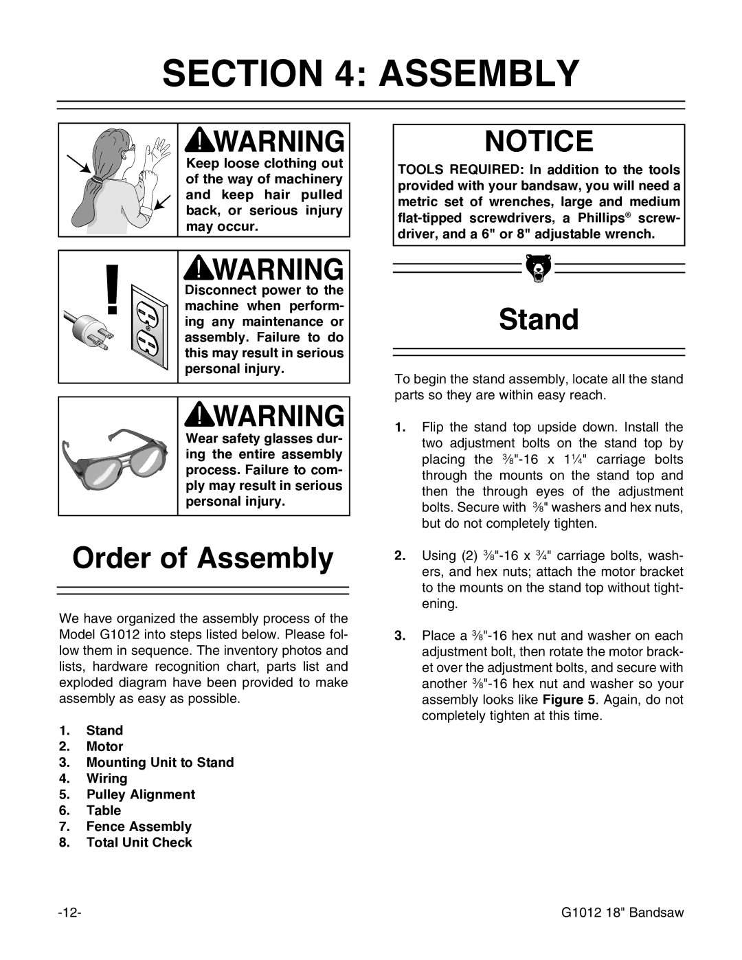 Grizzly G1012 instruction manual Order of Assembly, Stand 