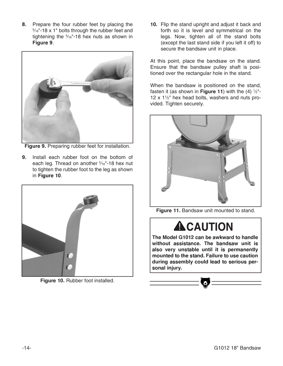 Grizzly G1012 instruction manual Bandsaw unit mounted to stand 