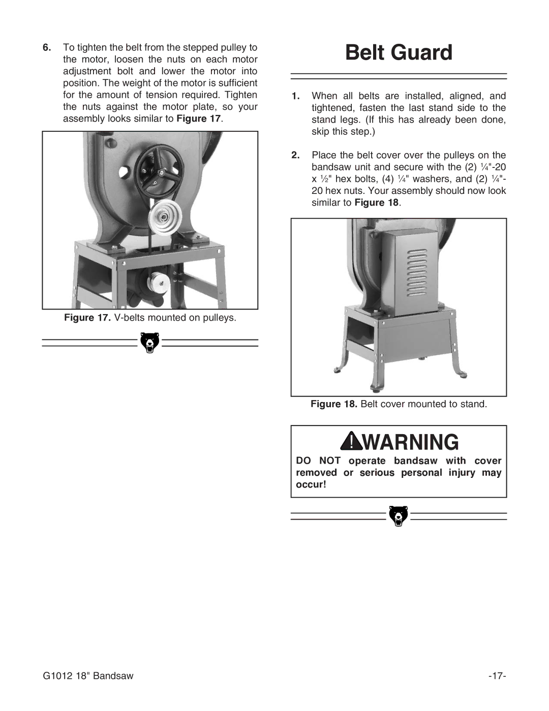 Grizzly G1012 instruction manual Belt Guard, Belts mounted on pulleys 