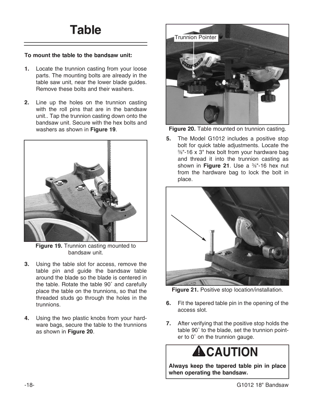 Grizzly G1012 instruction manual To mount the table to the bandsaw unit 