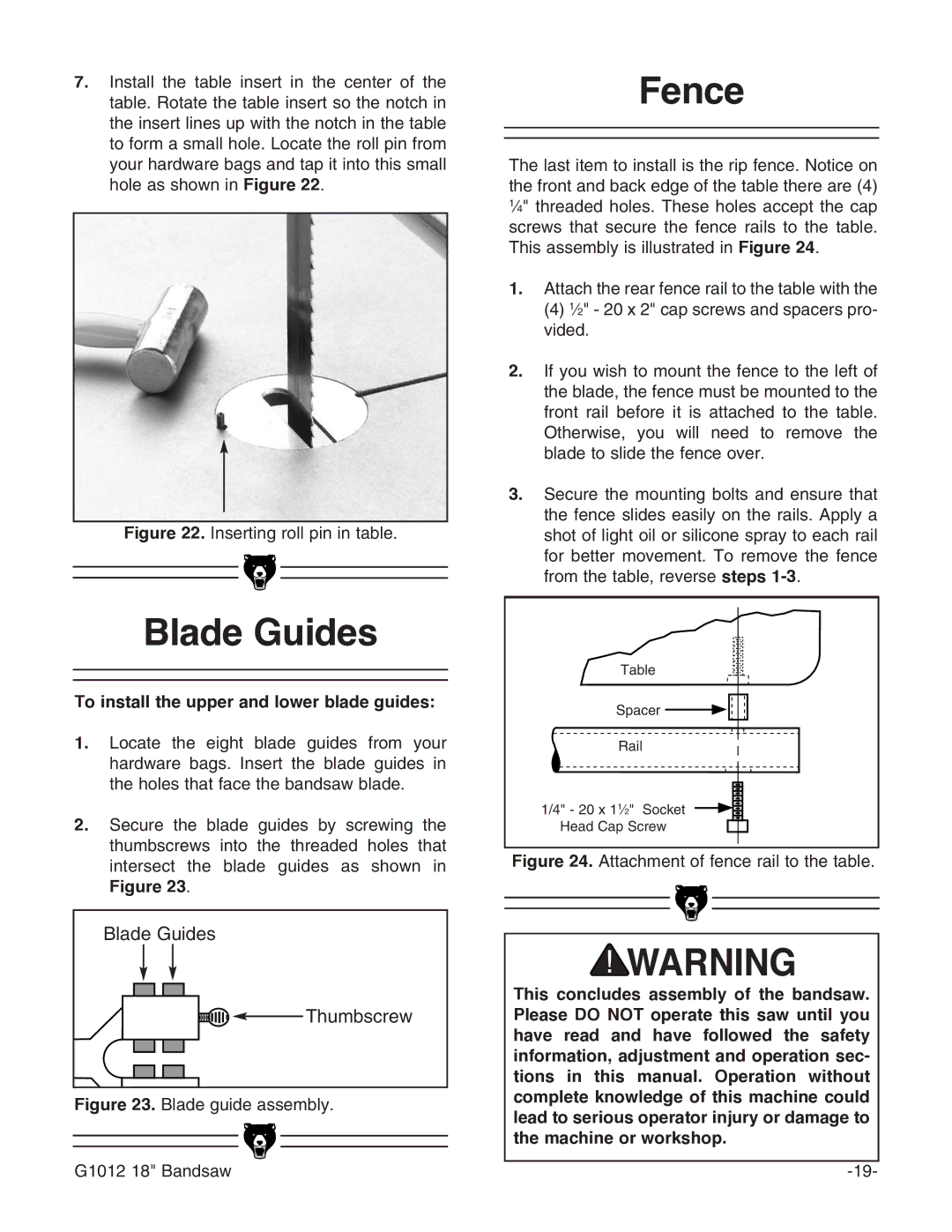 Grizzly G1012 instruction manual Blade Guides, Fence, To install the upper and lower blade guides 