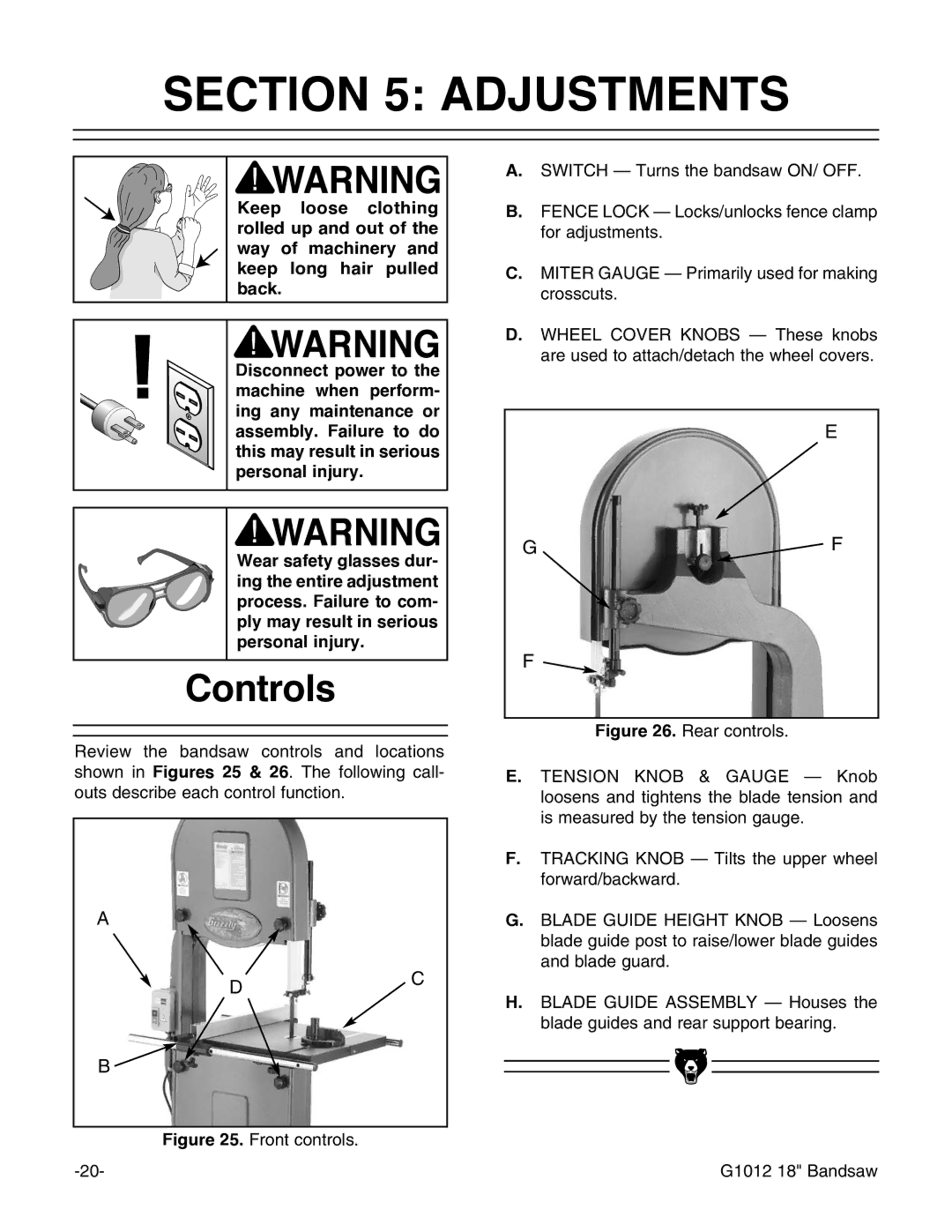 Grizzly G1012 instruction manual Adjustments, Controls 