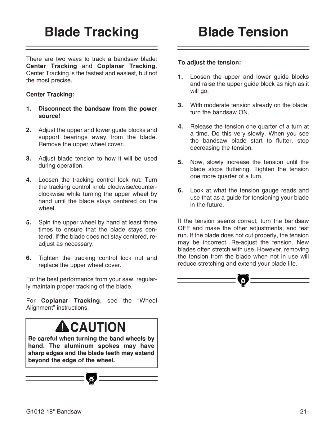 Grizzly G1012 instruction manual Blade Tracking, Blade Tension, To adjust the tension 