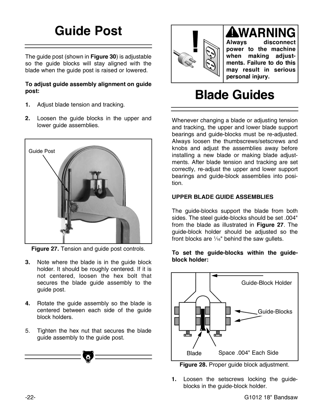 Grizzly G1012 instruction manual Guide Post, To adjust guide assembly alignment on guide post 