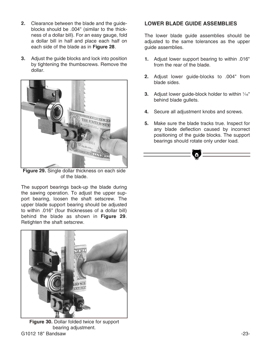 Grizzly G1012 instruction manual Lower Blade Guide Assemblies 