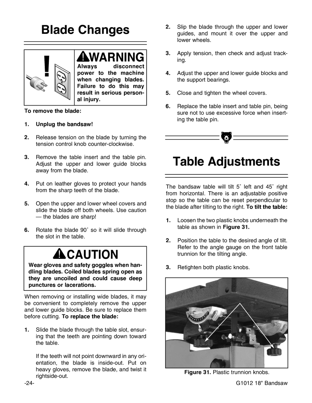 Grizzly G1012 instruction manual Blade Changes, Table Adjustments 