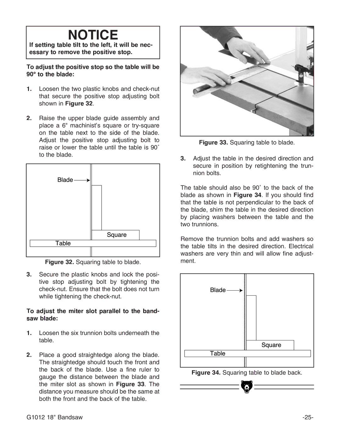 Grizzly To adjust the miter slot parallel to the band- saw blade, Squaring table to blade back G1012 18 Bandsaw 