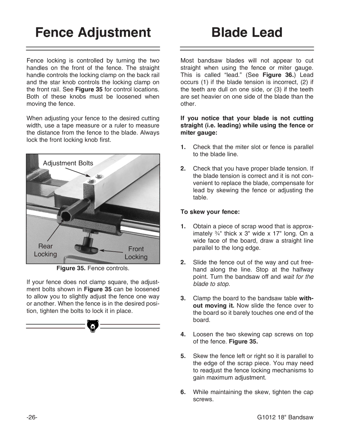 Grizzly G1012 instruction manual Fence Adjustment Blade Lead, To skew your fence 