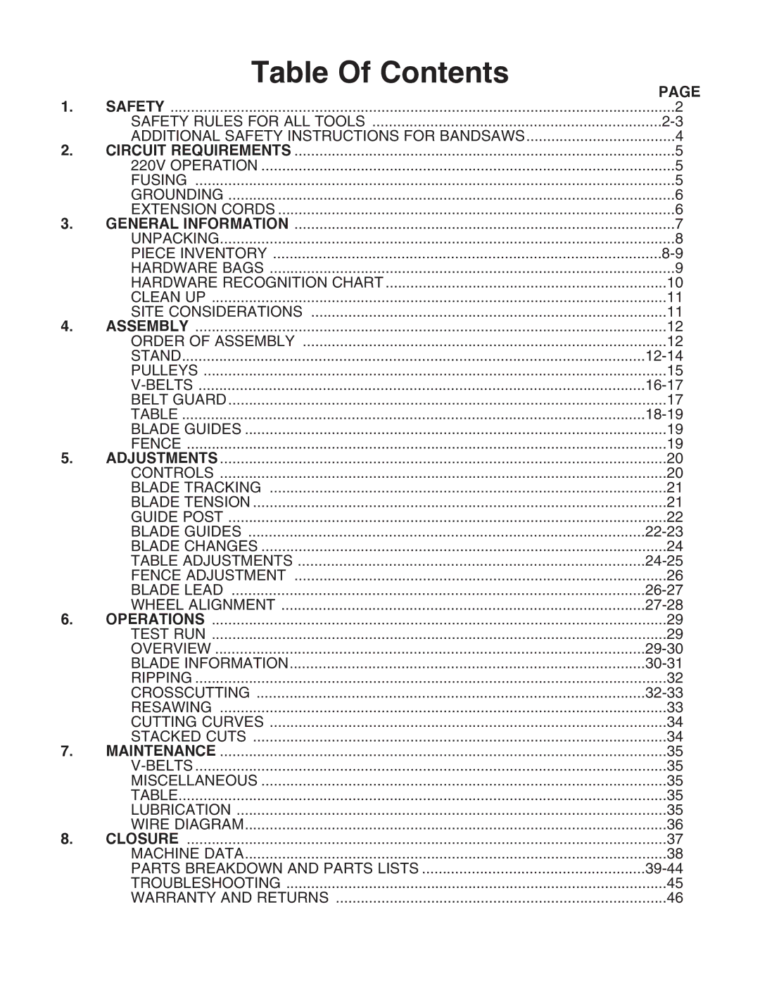 Grizzly G1012 instruction manual Table Of Contents 