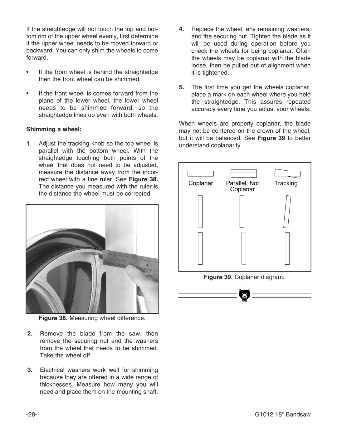 Grizzly instruction manual Shimming a wheel, Coplanar diagram G1012 18 Bandsaw 