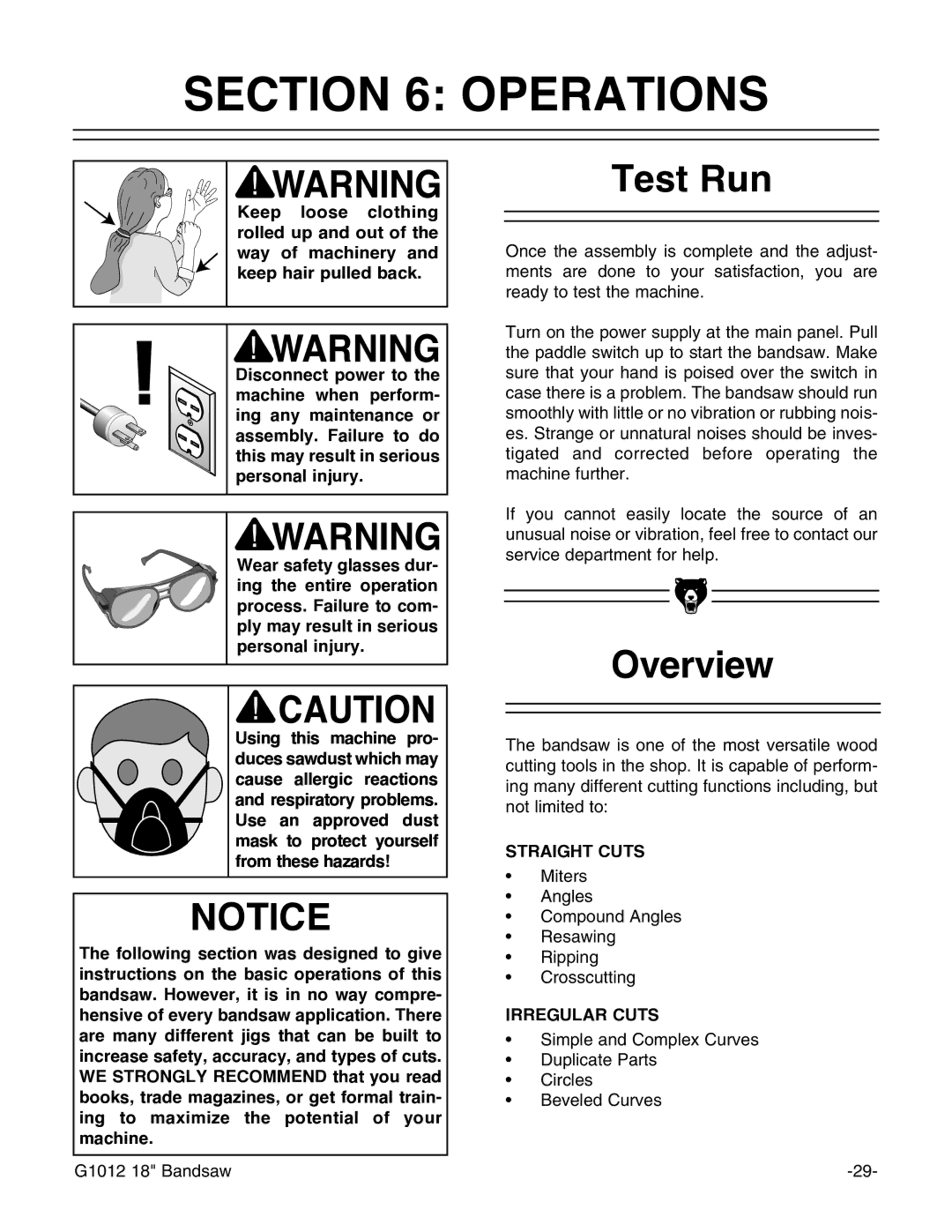 Grizzly G1012 instruction manual Operations, Test Run, Overview 