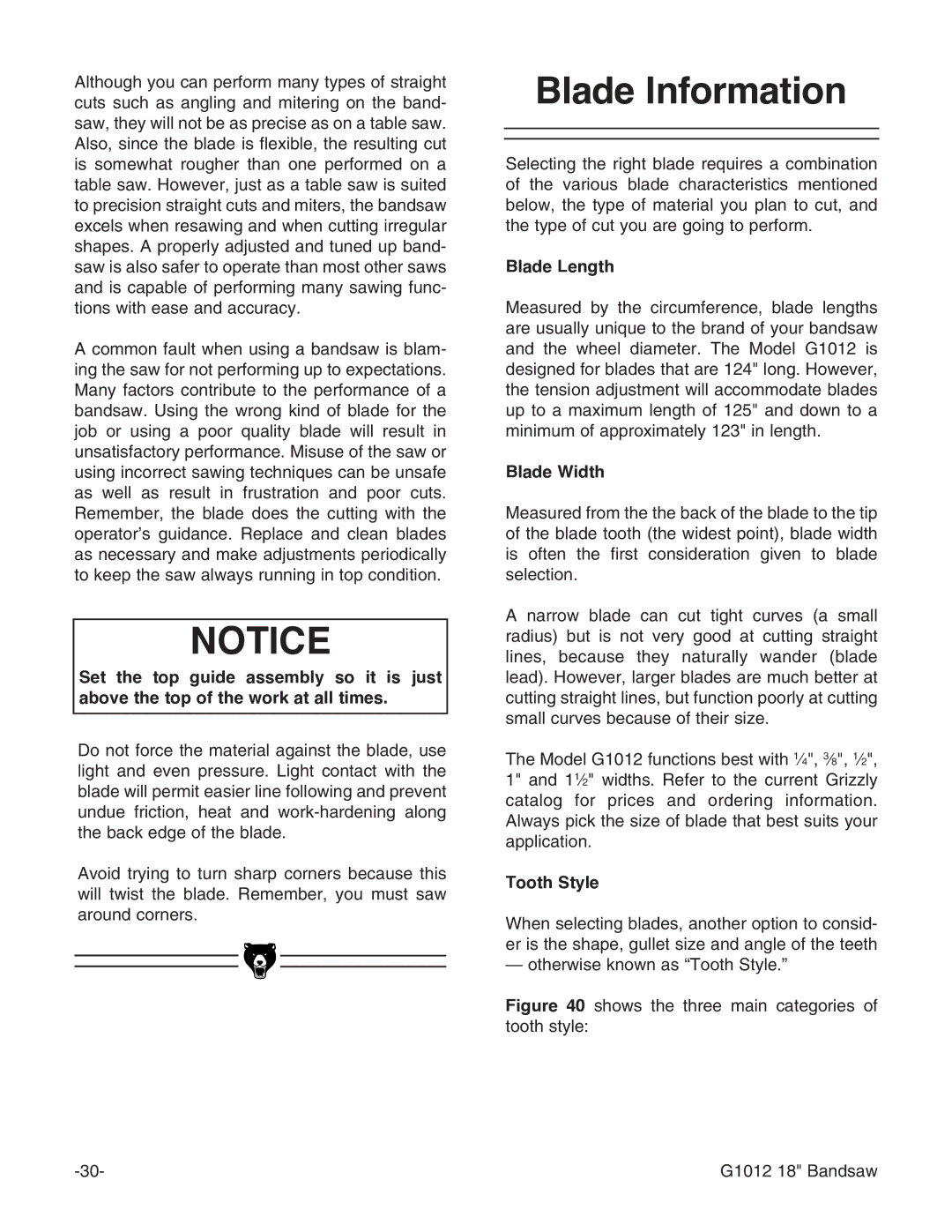 Grizzly G1012 instruction manual Blade Information, Blade Length, Blade Width, Tooth Style 