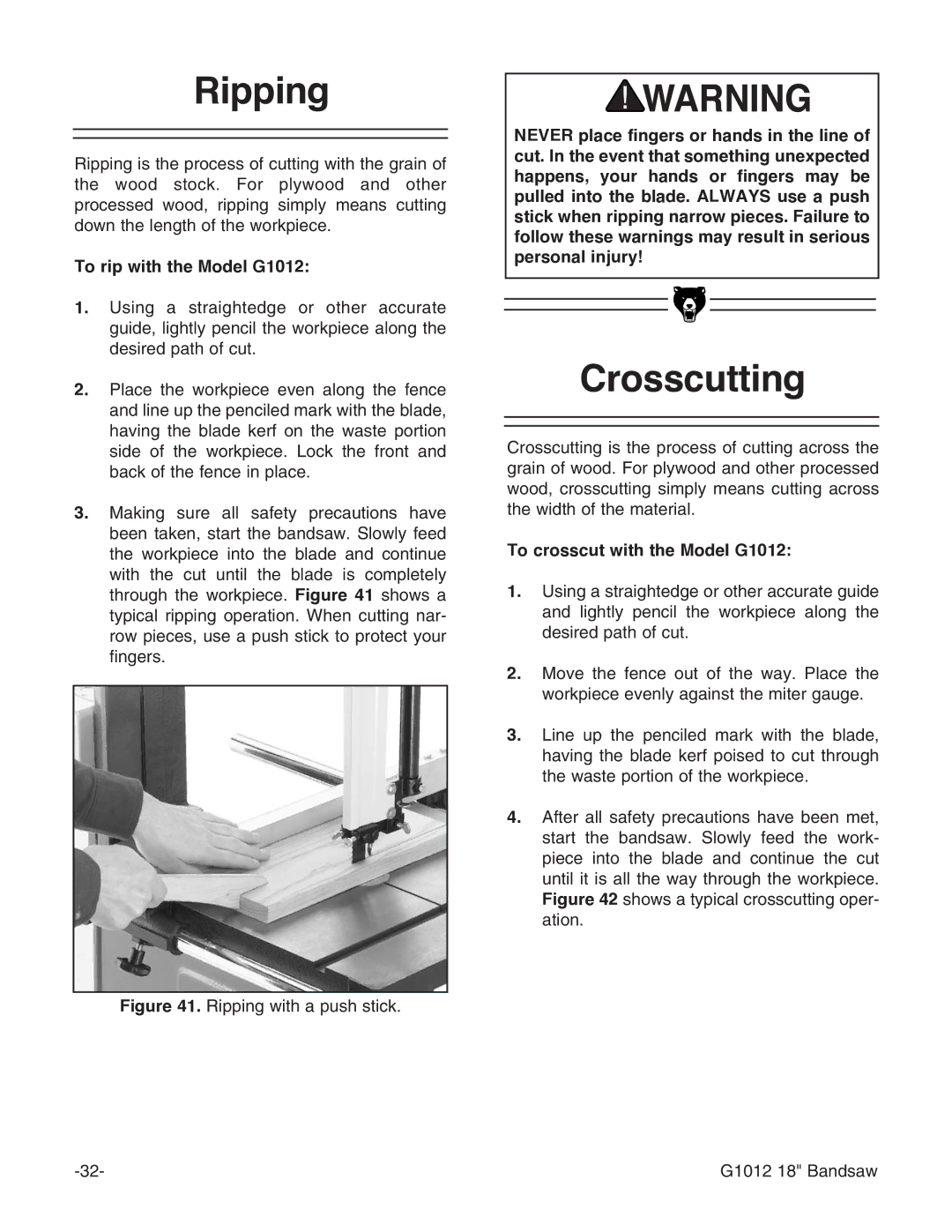 Grizzly instruction manual Ripping, Crosscutting, To rip with the Model G1012, To crosscut with the Model G1012 