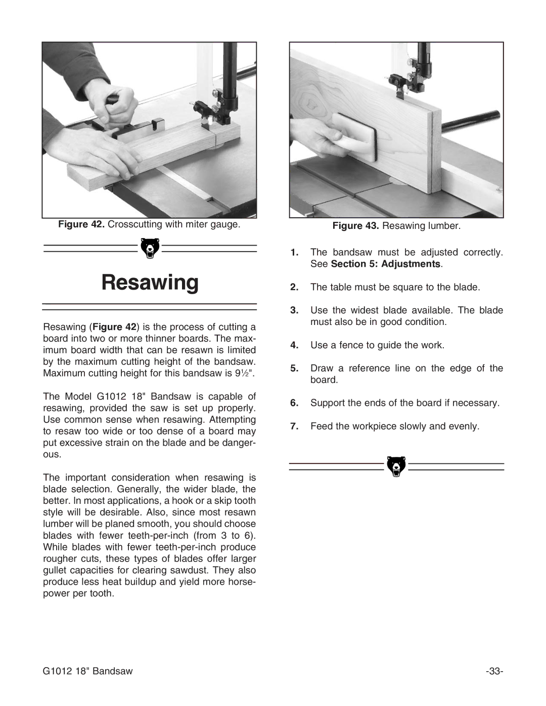 Grizzly G1012 instruction manual Resawing, Crosscutting with miter gauge 