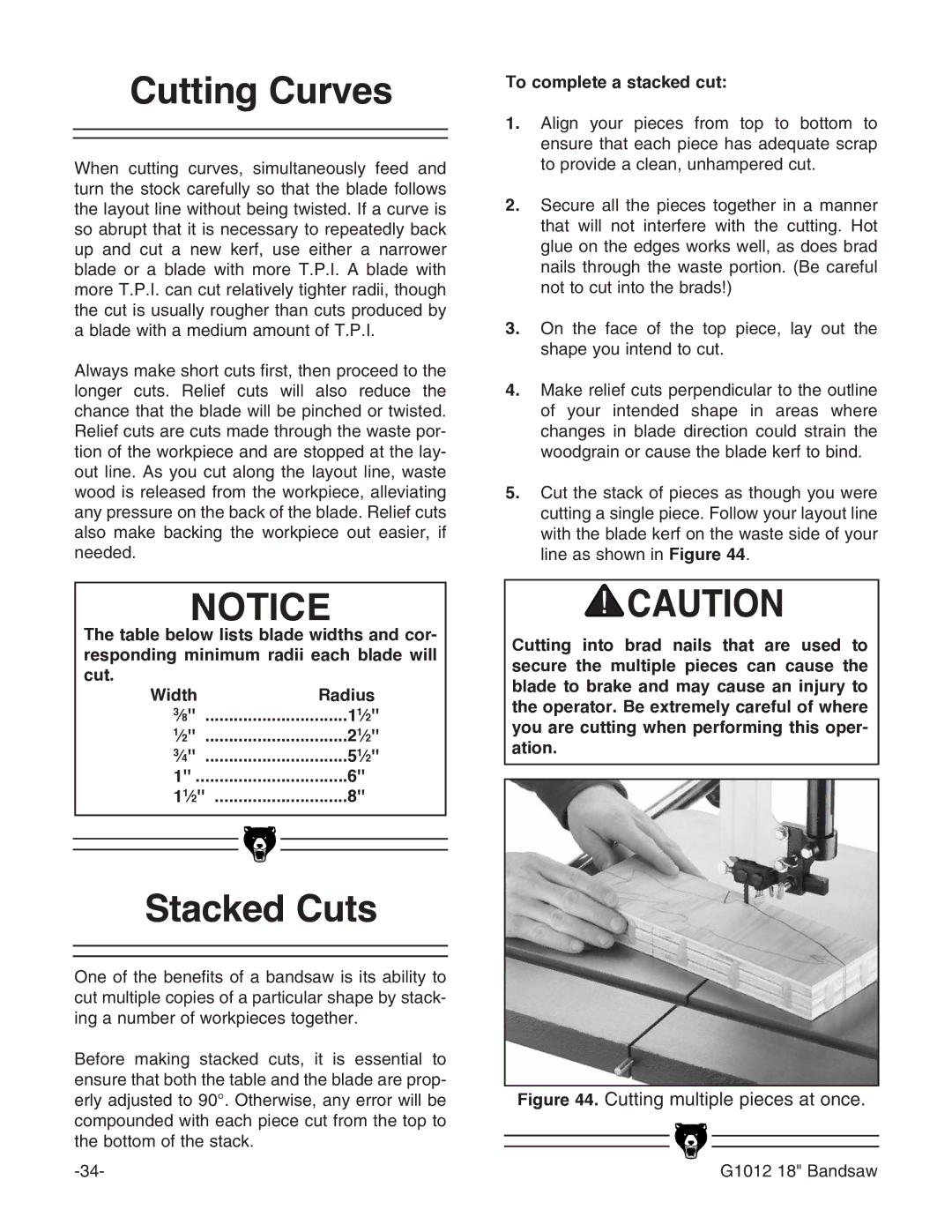 Grizzly G1012 instruction manual Cutting Curves, Stacked Cuts, To complete a stacked cut 