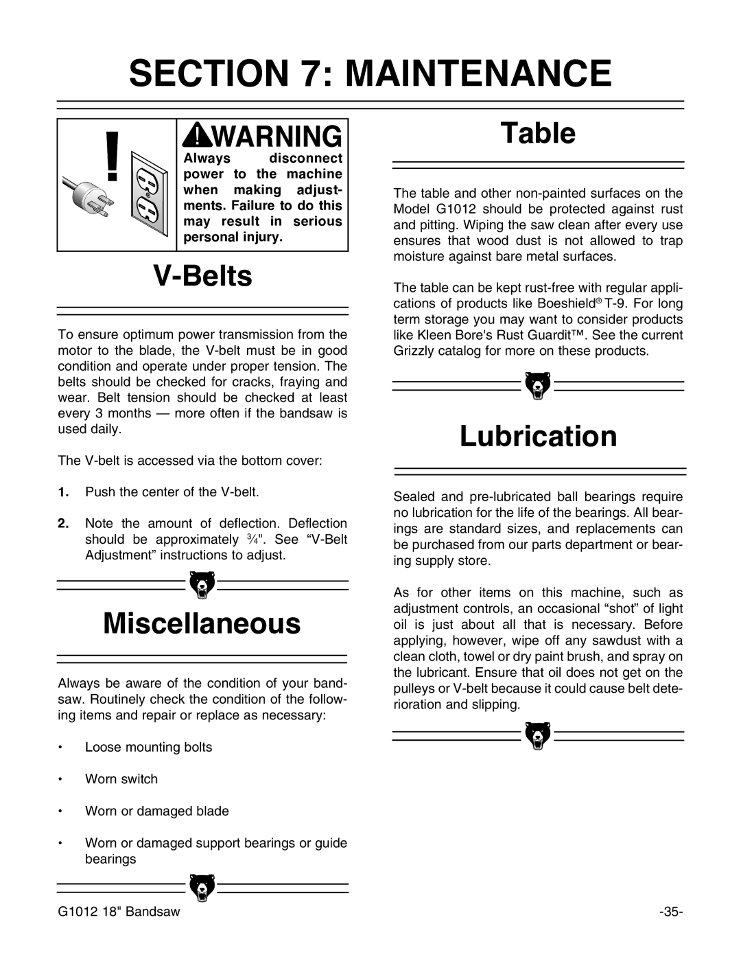 Grizzly G1012 instruction manual Maintenance, Miscellaneous, Lubrication 