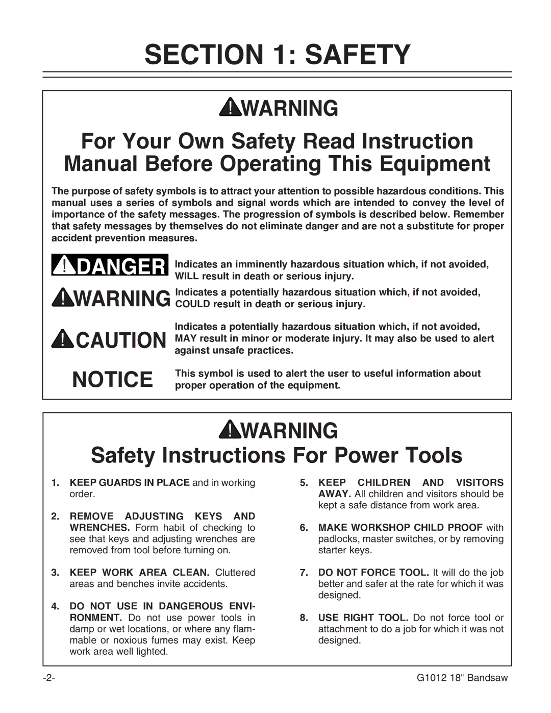 Grizzly G1012 instruction manual Safety Instructions For Power Tools 