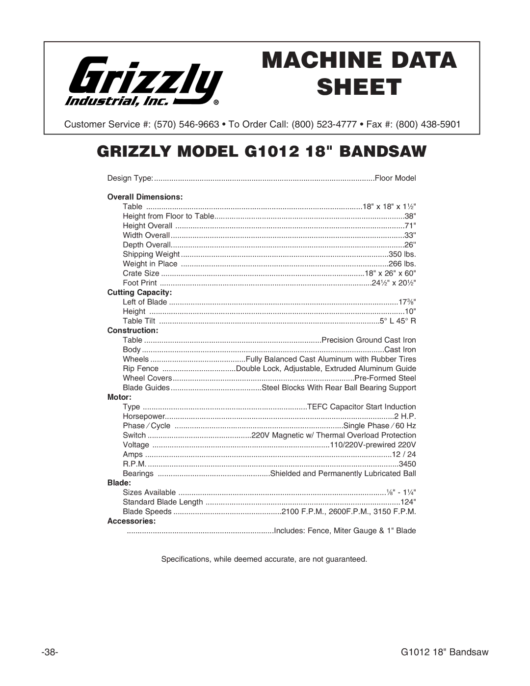 Grizzly G1012 instruction manual Machine Data Sheet 