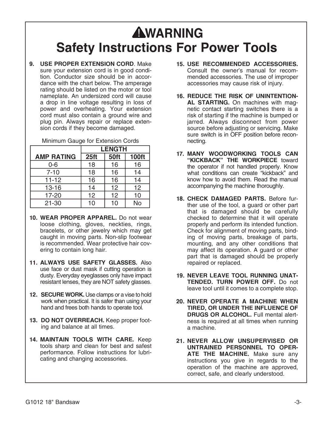 Grizzly G1012 instruction manual Length AMP Rating 