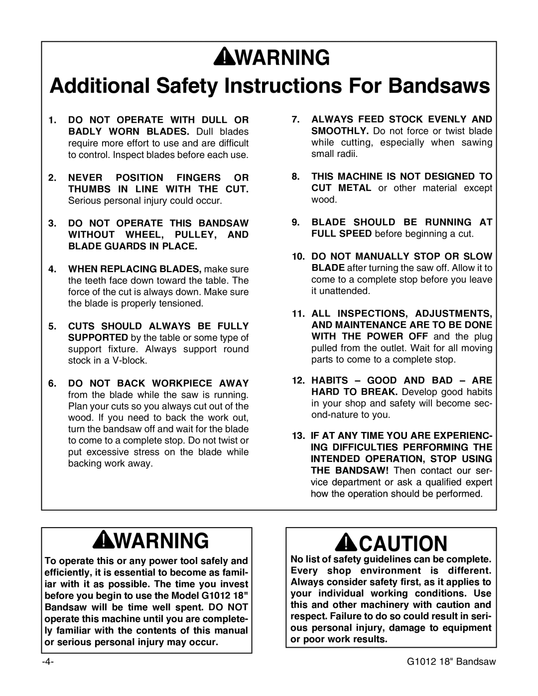 Grizzly G1012 instruction manual Additional Safety Instructions For Bandsaws 