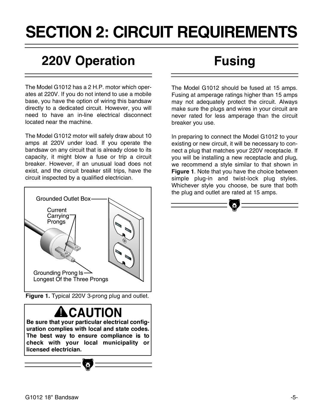 Grizzly G1012 instruction manual Circuit Requirements, 220V Operation Fusing 