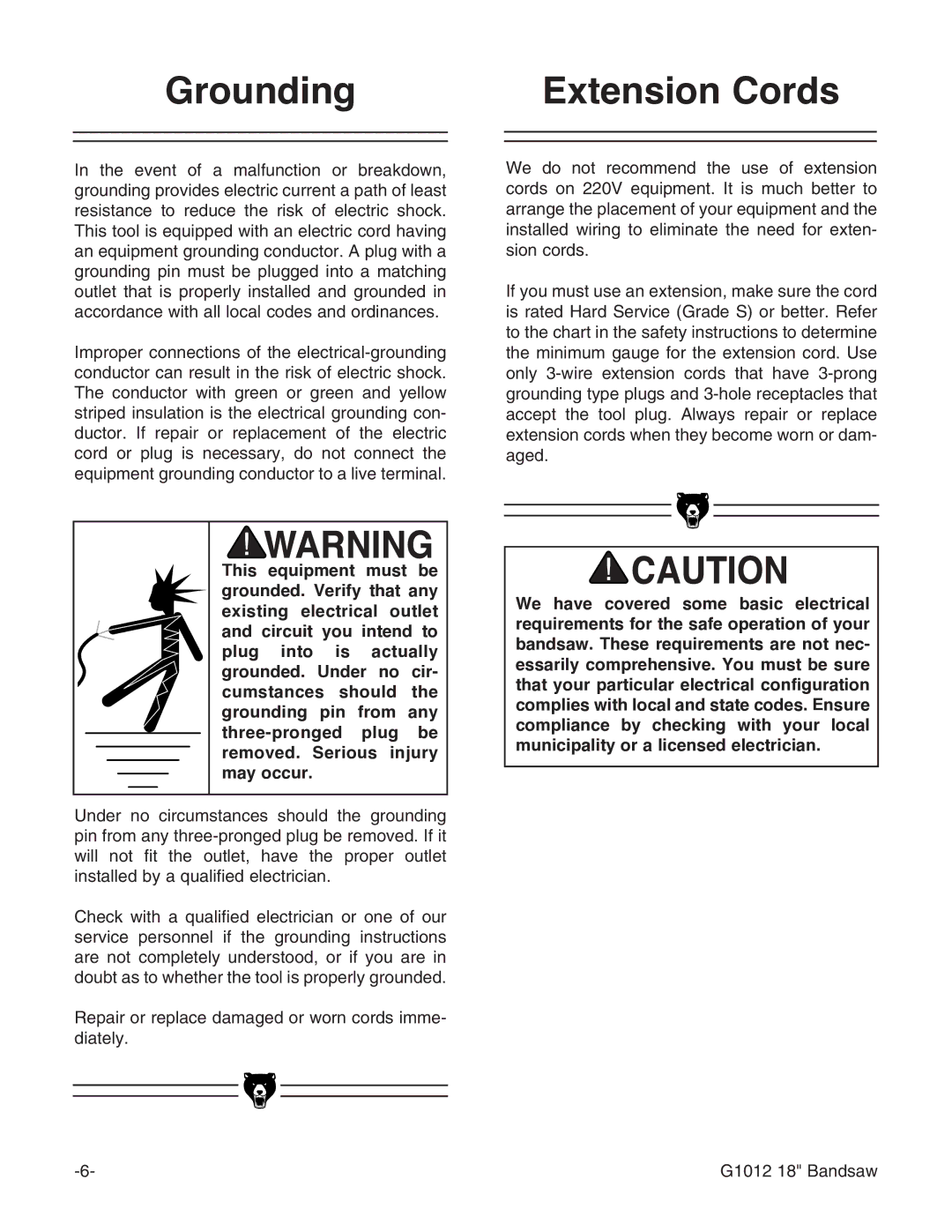 Grizzly G1012 instruction manual Grounding Extension Cords 