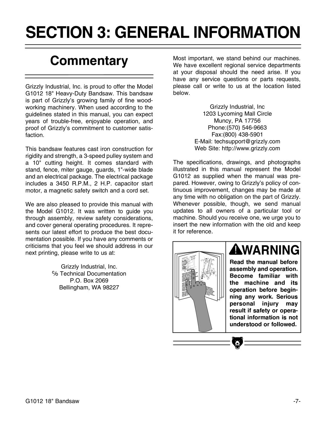 Grizzly G1012 instruction manual General Information, Commentary 