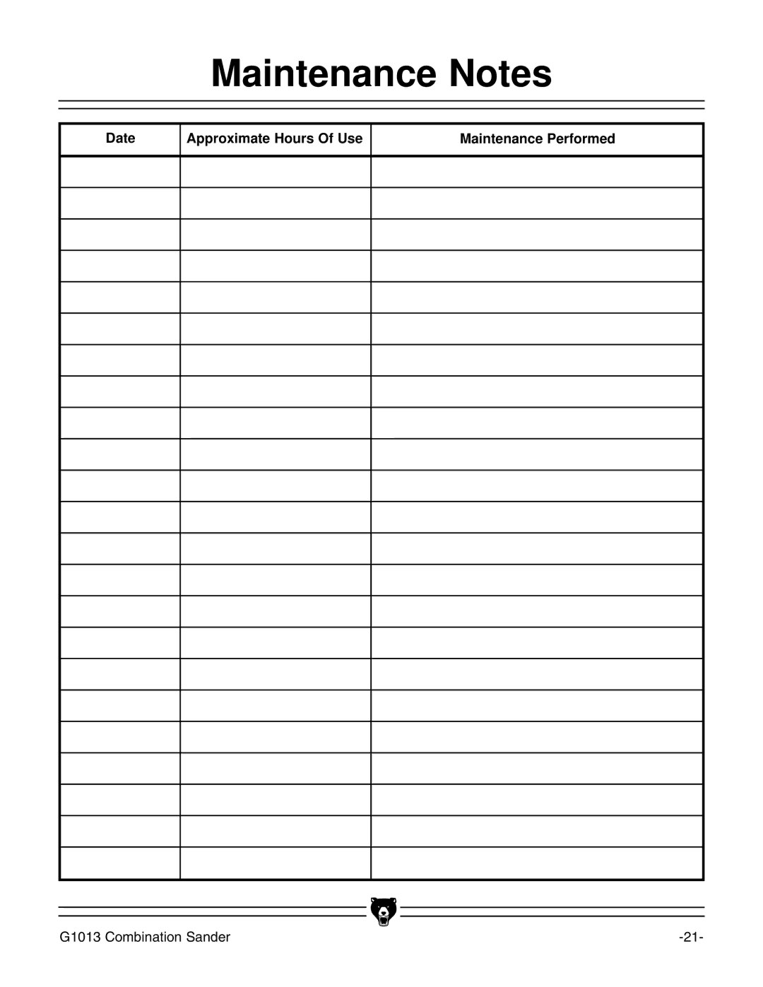 Grizzly G1013 instruction manual Maintenance Notes 