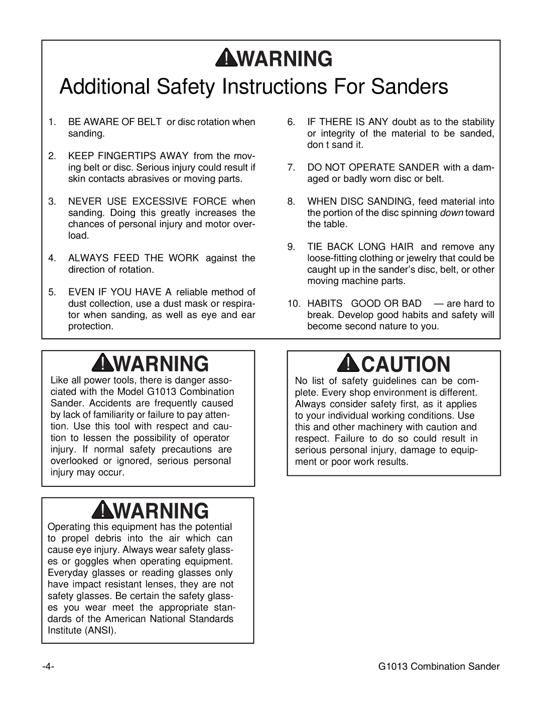 Grizzly G1013 instruction manual Additional Safety Instructions For Sanders 