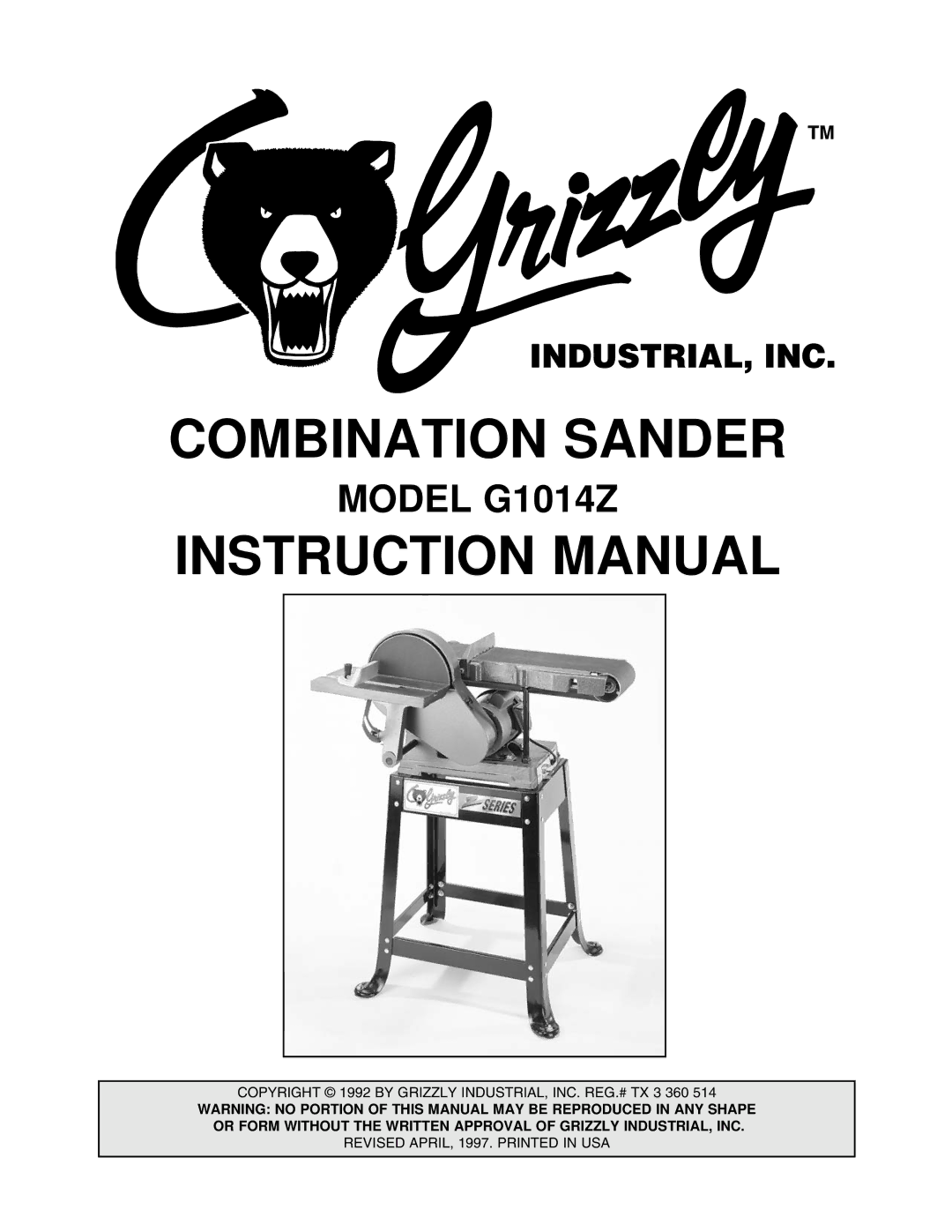 Grizzly G1014Z instruction manual Combination Sander 