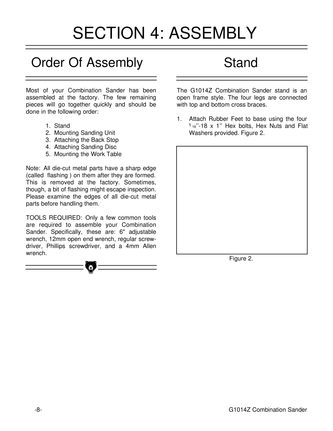 Grizzly G1014Z instruction manual Order Of Assembly Stand 