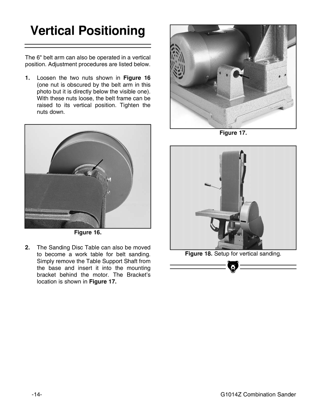 Grizzly instruction manual Vertical Positioning, Setup for vertical sanding G1014Z Combination Sander 