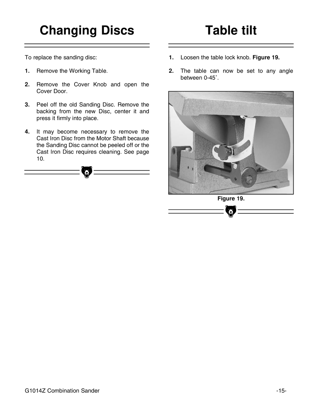 Grizzly G1014Z instruction manual Changing Discs Table tilt 