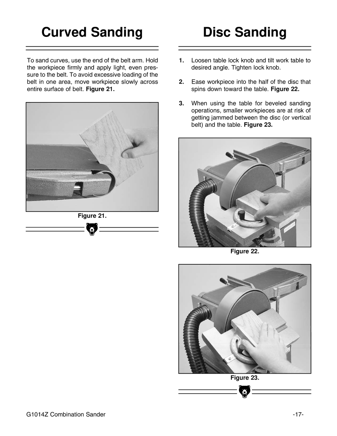 Grizzly G1014Z instruction manual Curved Sanding Disc Sanding 