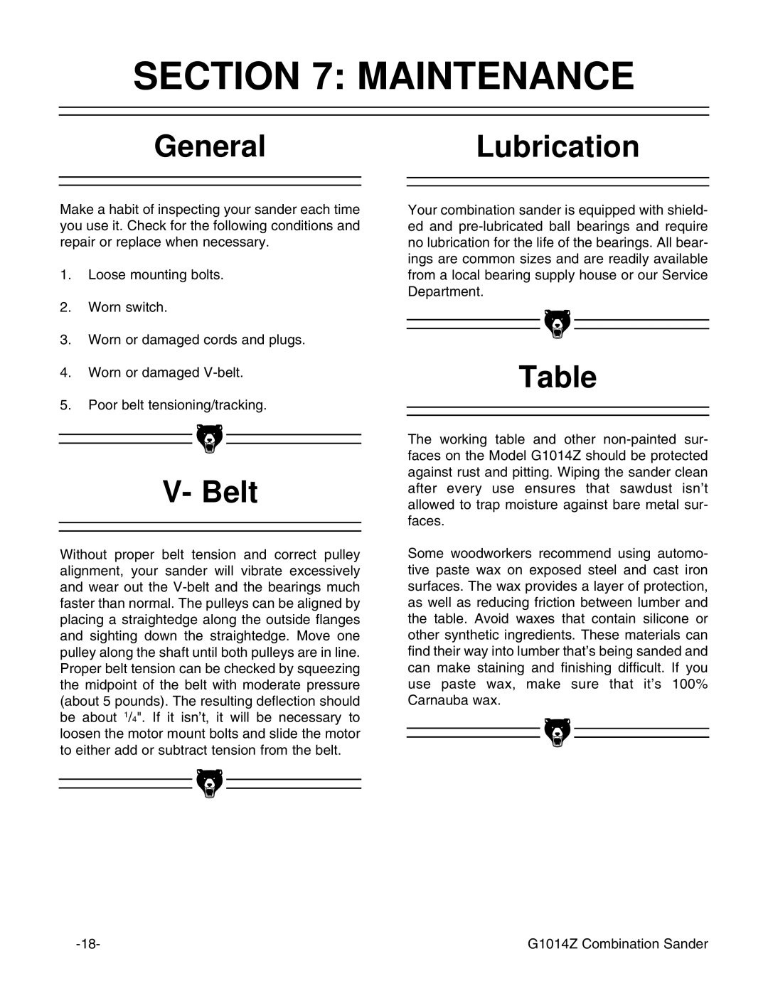 Grizzly G1014Z instruction manual Maintenance, GeneralLubrication, Belt 