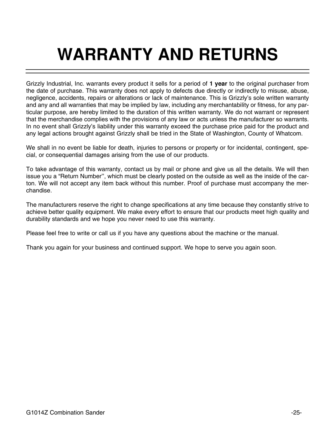 Grizzly G1014Z instruction manual Warranty and Returns 