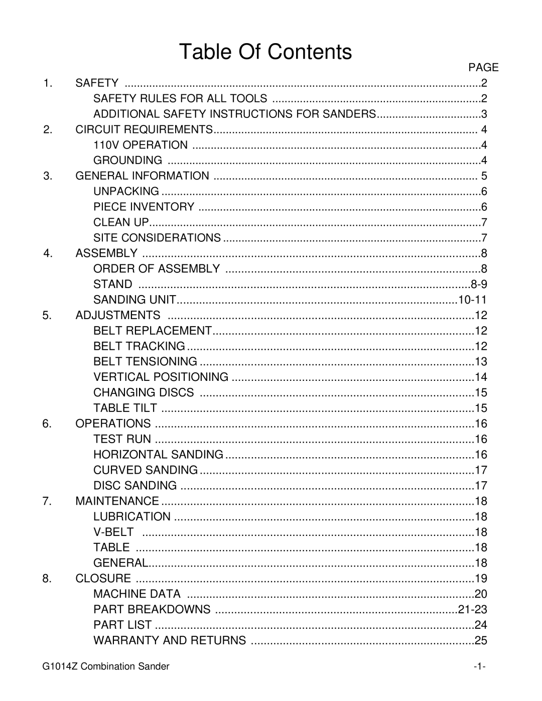 Grizzly G1014Z instruction manual Table Of Contents 