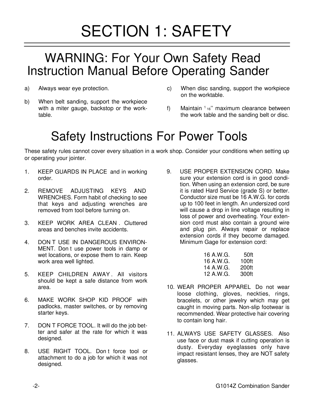 Grizzly G1014Z instruction manual Safety Instructions For Power Tools 