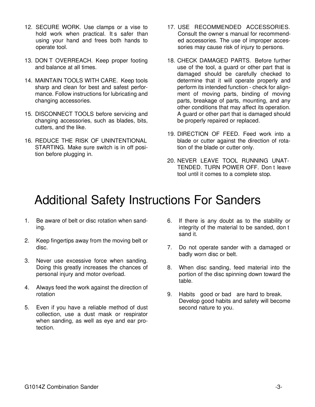 Grizzly G1014Z instruction manual Additional Safety Instructions For Sanders 