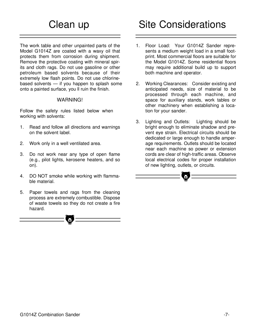 Grizzly G1014Z instruction manual Clean up Site Considerations 