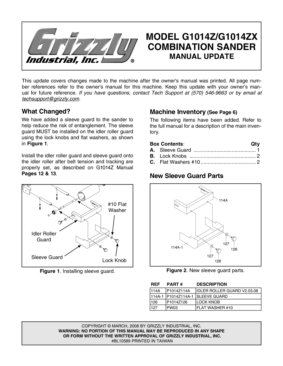 Grizzly G1014ZX owner manual Combination Sander 