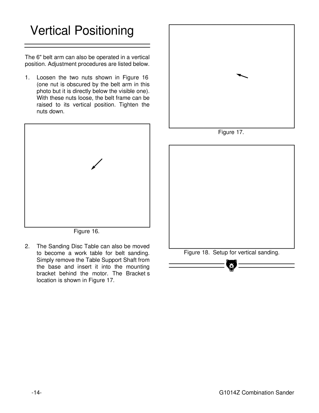 Grizzly G1014ZX owner manual Vertical Positioning, Setup for vertical sanding G1014Z Combination Sander 