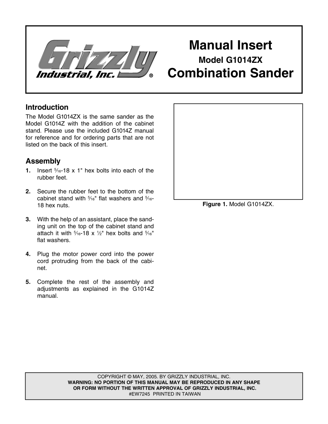 Grizzly G1014ZX owner manual Manual Insert, Combination Sander 